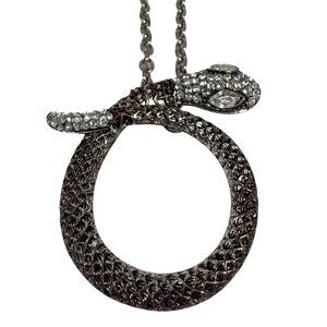 Rhinestone Snake Cobra Pendant Necklace Textured Silver-Tone Chain -Amrita Singh